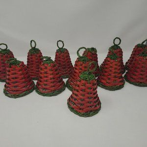 VINTAGE WOVEN WICKER RATTAN RED AND GREEN CHRISTMAS BELLS BOHO  LOT OF 12